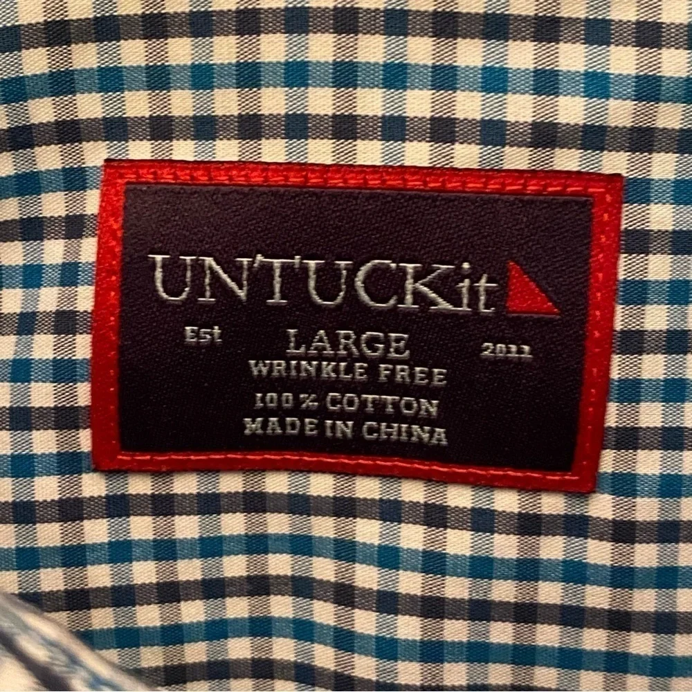 UNTUCKit Men Blue Black Check Winkle Free 100% Cotton Long Sleeve Top-Large